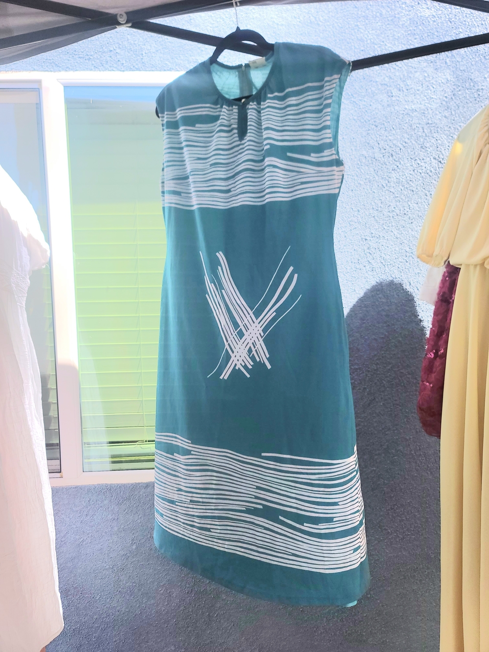 Vintage Teal Graphic A-Line Dress with White Stripes